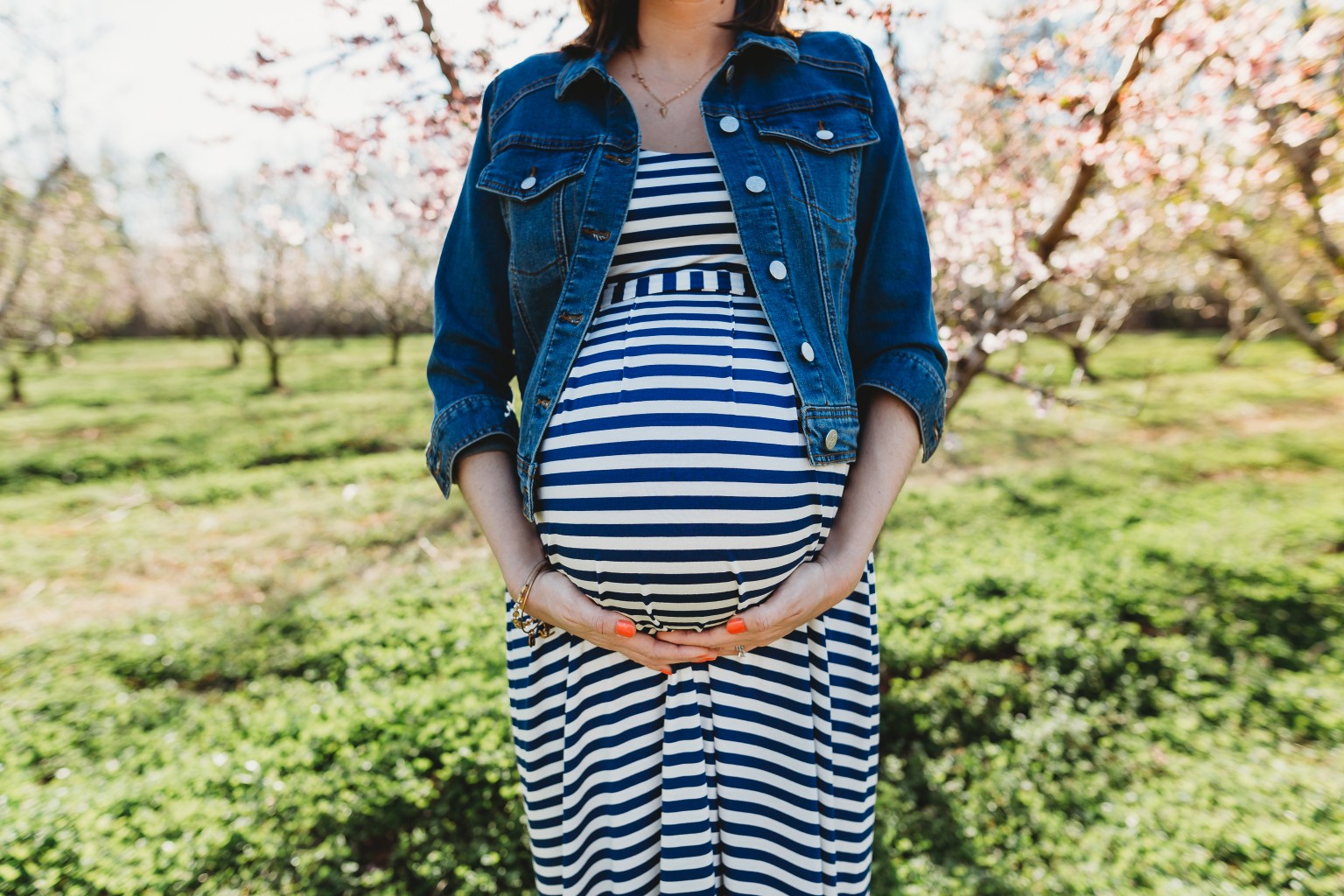 close up of pregnant belly in striped dress during peach blossoms maternity session