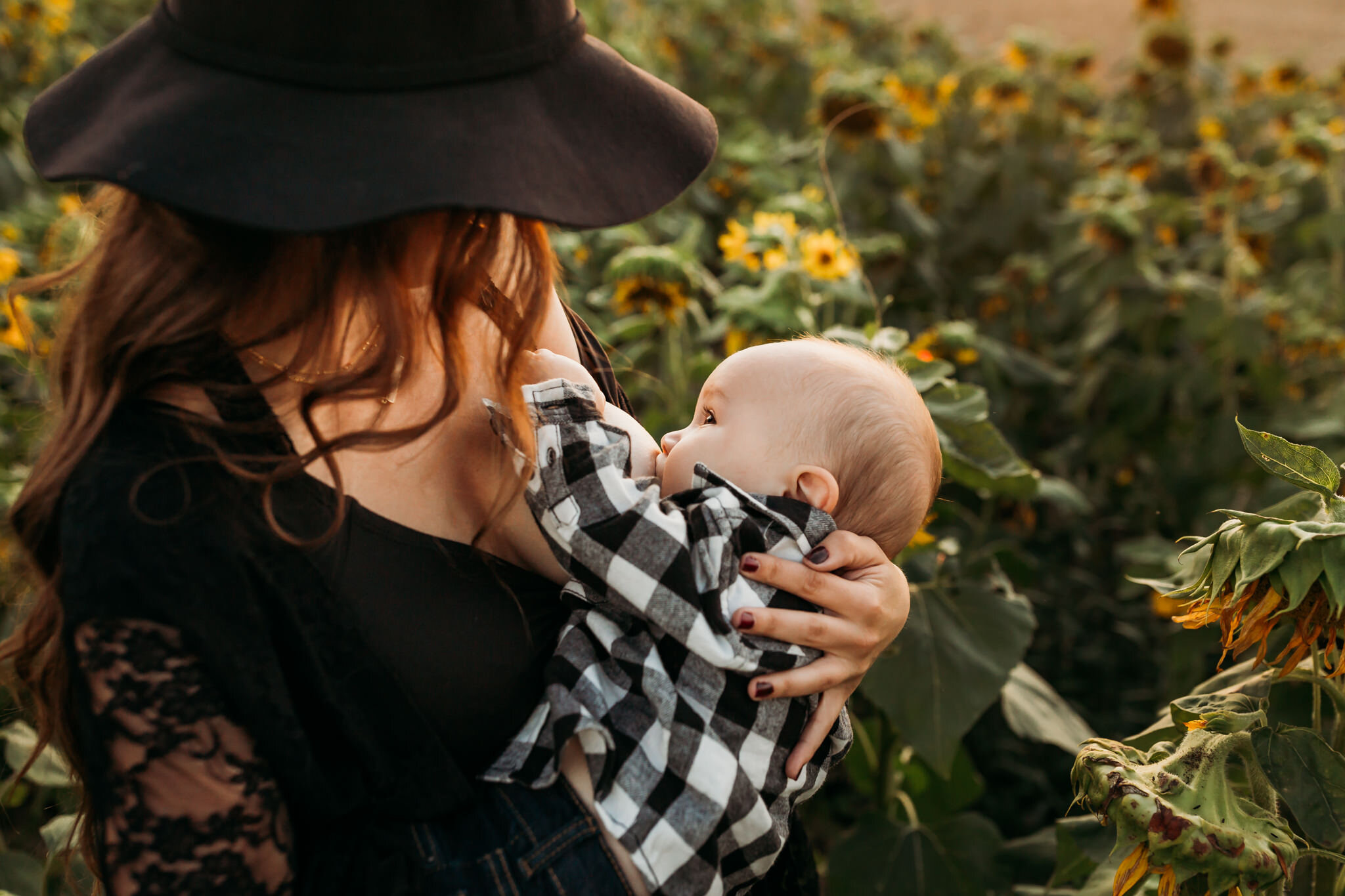 mom breastfeeding son in sunflower field 