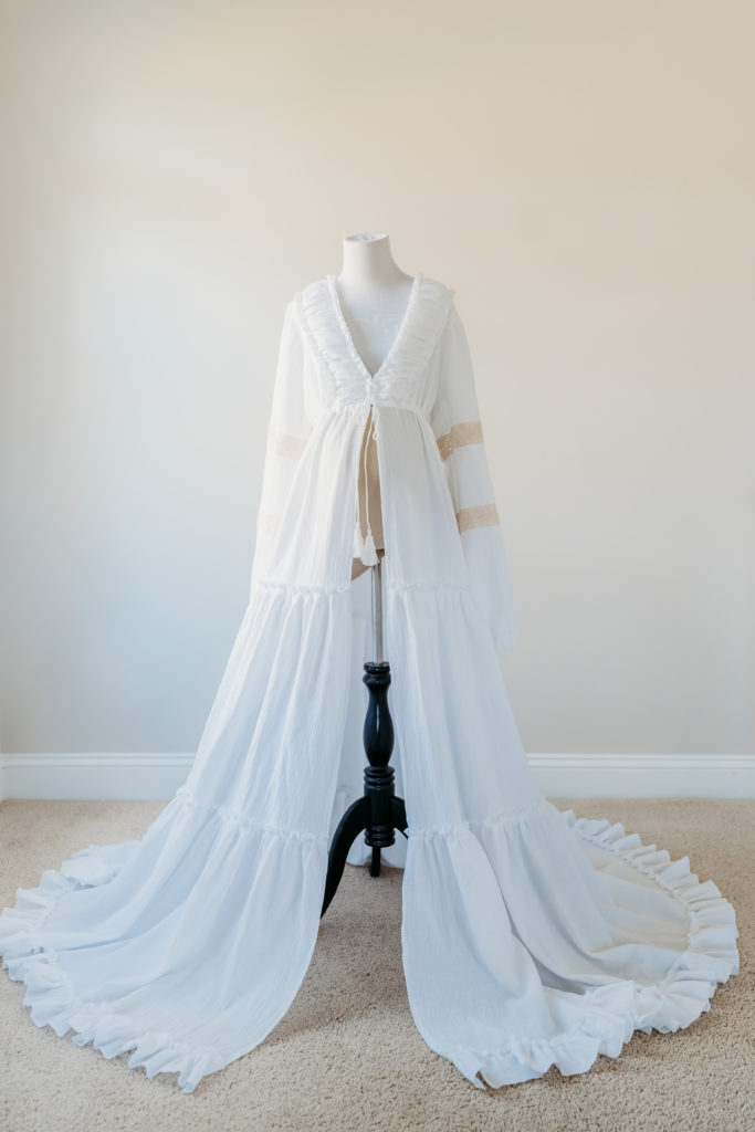 White Boho Linen Maternity Kimono dress for photoshoot