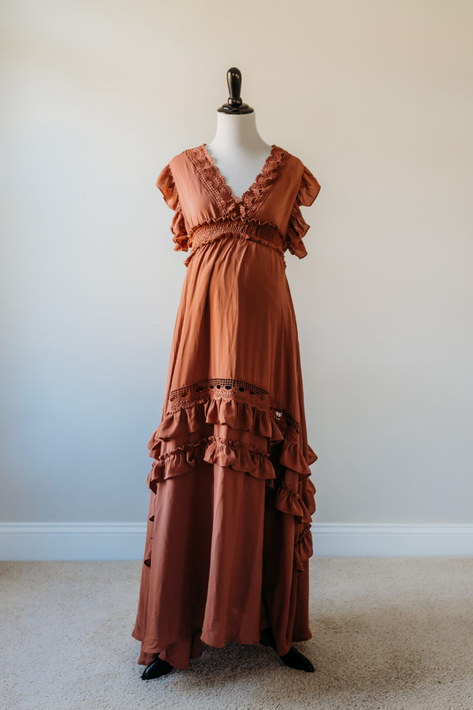 Rosy brown V-neck maternity photography dress with crochet lace trim and cute ruffle accents