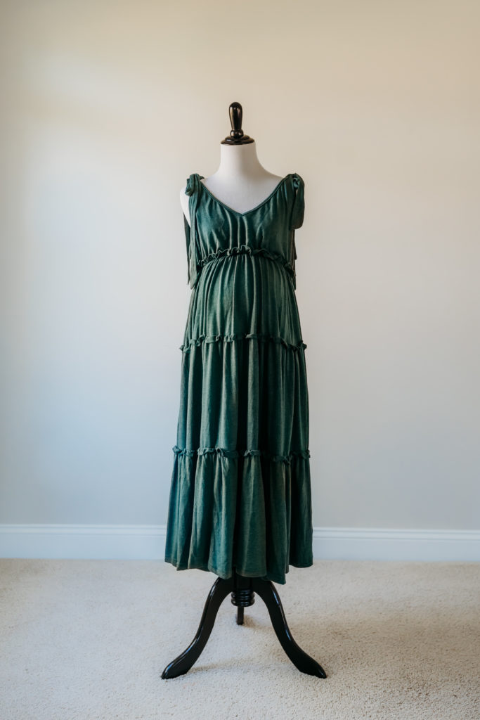 Forest green tiered midi maternity dress with tie straps