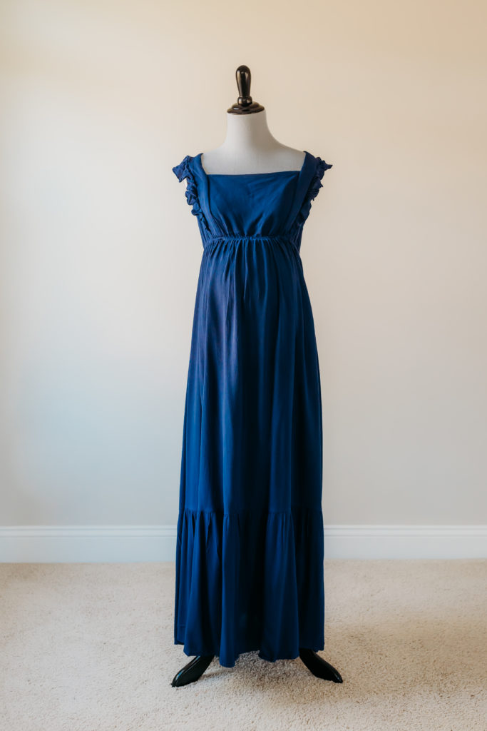 navy blue ruffle sleeve smock maternity maxi dress