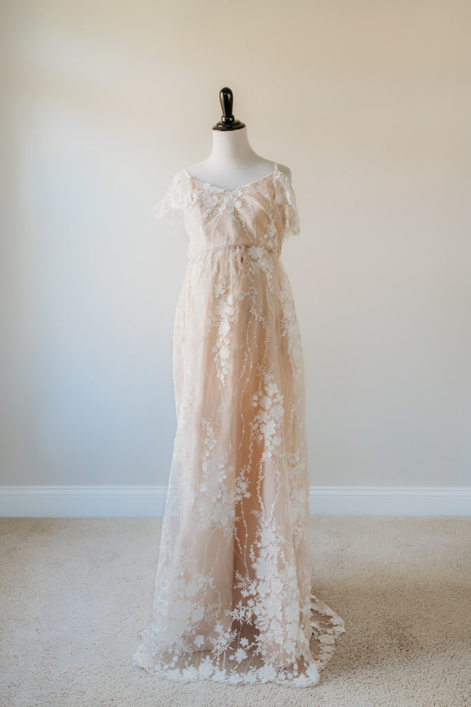 lace off the shoulder maternity maxi dress with light pink slip