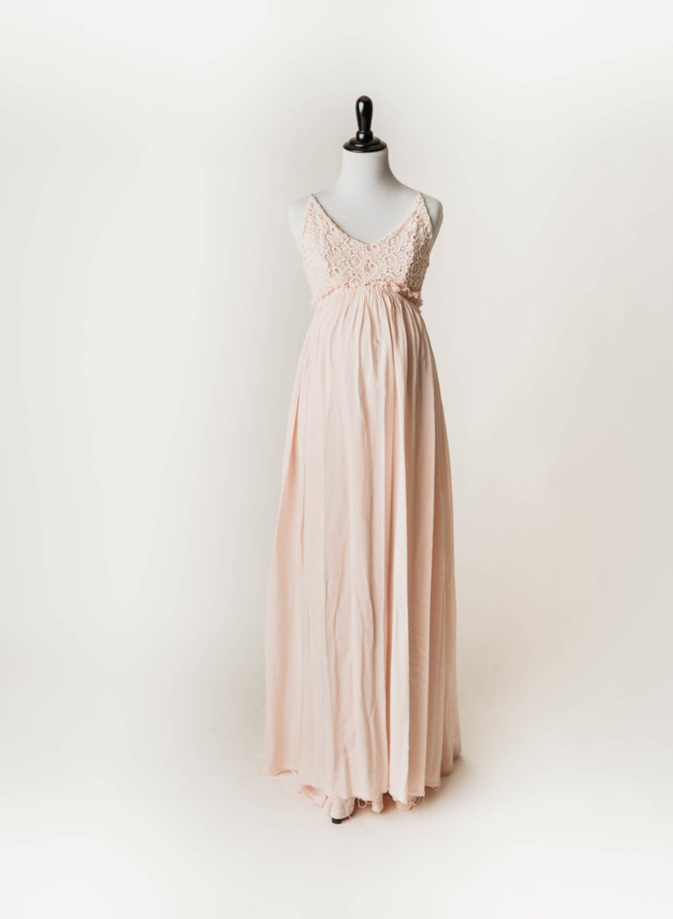 Light pink spaghetti strap maternity maxi dress with lace top