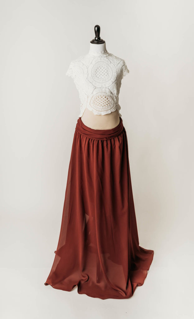 Boho lace crop trop with maroon silk maternity skirt