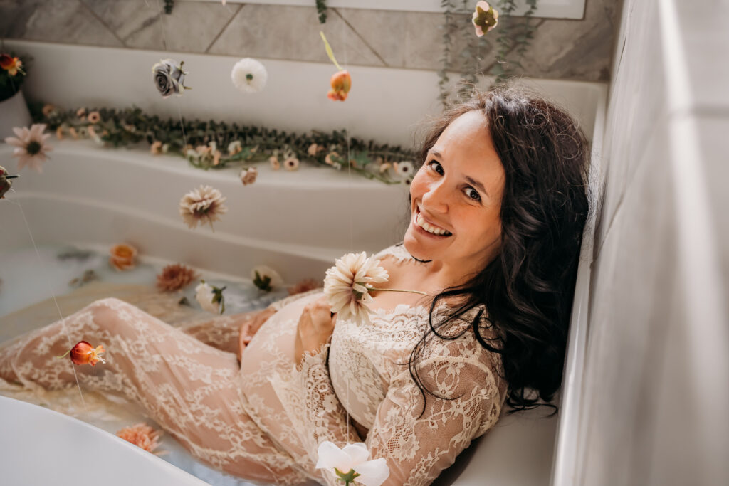 lace floral maternity milk bath with bare belly