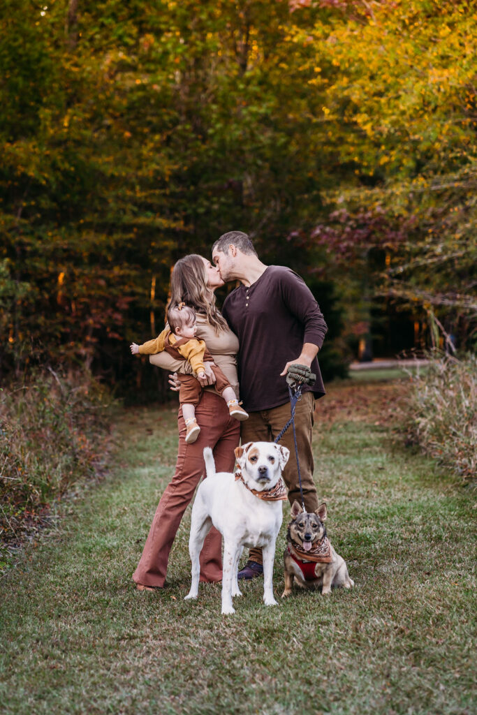 mom and dad kissing in a field while holding baby and walking dogs